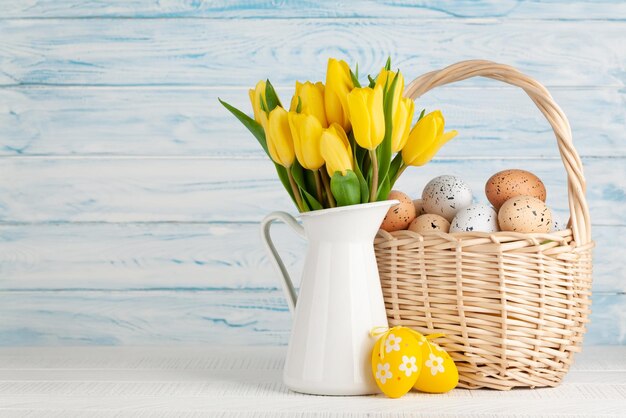 Easter greeting card with tulips and eggs