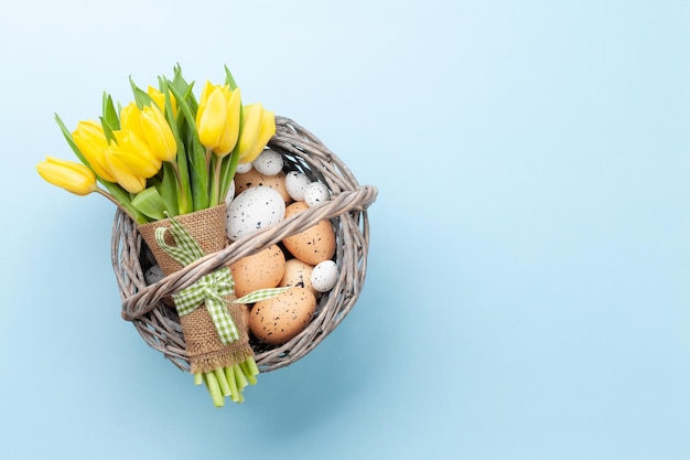 Easter greeting card with tulips and eggs