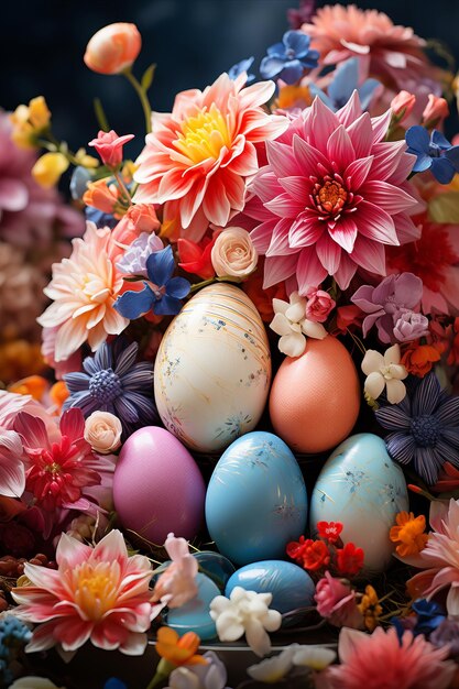 Easter greeting dard design with eggs and flowers closeup