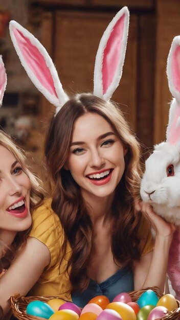 Easter happy easter funny women in rabbit ears having fun together celebrating the holiday