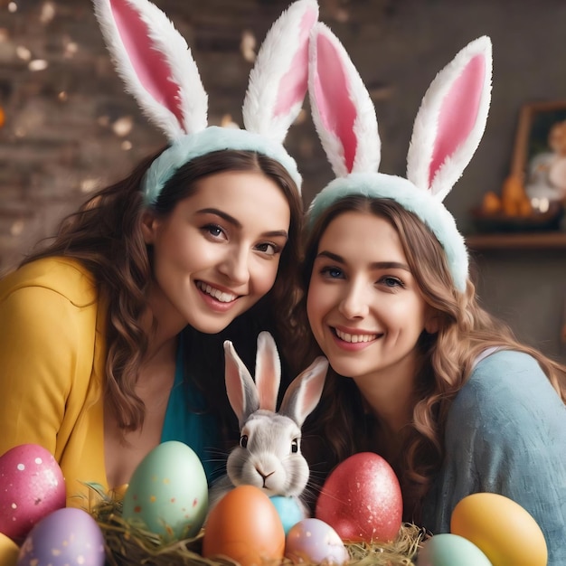 Easter happy easter funny women in rabbit ears having fun together celebrating the holiday
