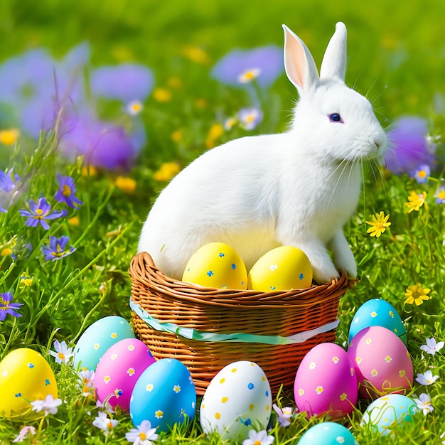 An Easter hare on a summer meadow with colored eggs