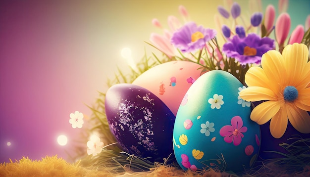 Easter holiday background Easter eggs illustration backdrop with copy space Generative AI