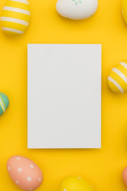 Easter holiday background Pastel coloured decorated easter eggs with a blank white label