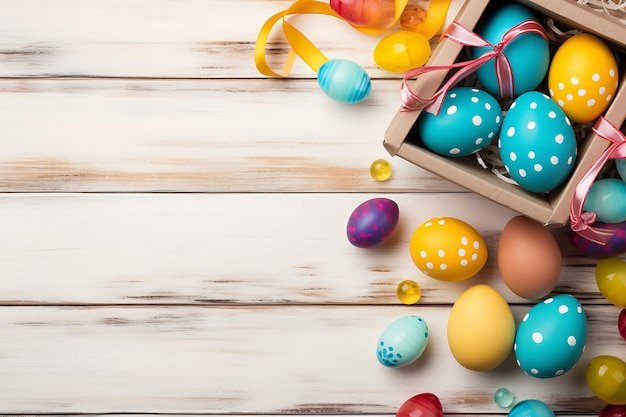 Easter holiday background top view of colorful painted chicken eggs and present box with ribbon