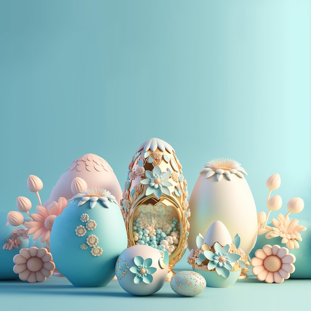Пасхальный праздник фон с 3D пасхальными яйцами и цветочным орнаментом