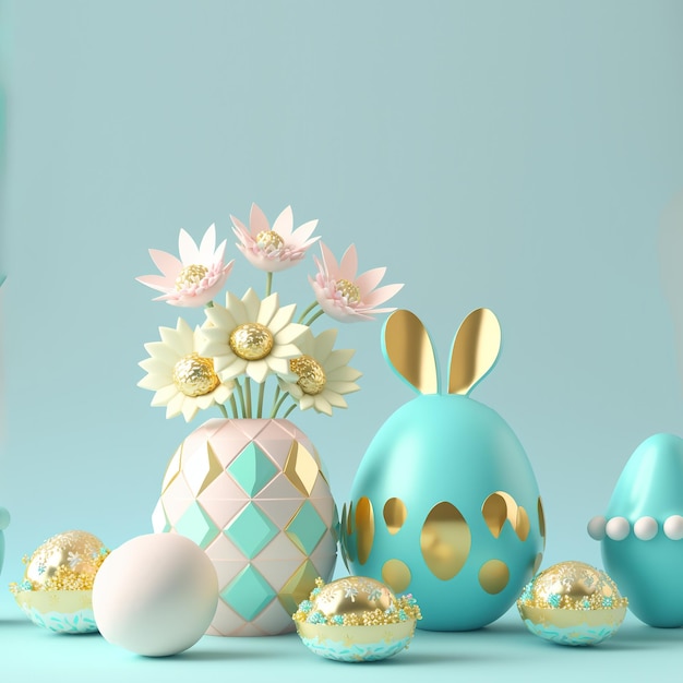 Easter Holiday Background with 3D Easter Eggs and Flower for Promotion