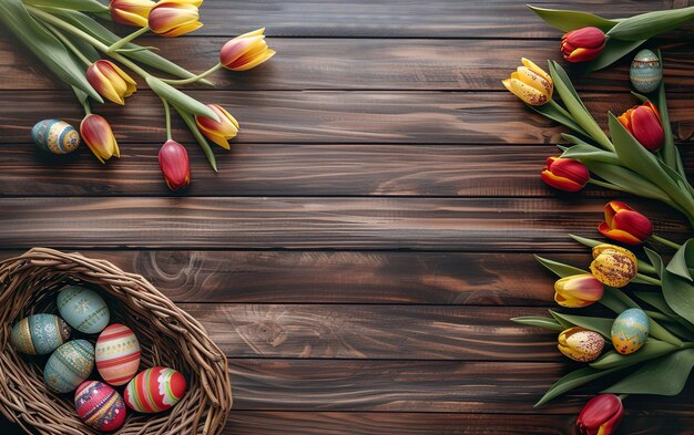 Easter holiday background with easter eggs and tulips on wood