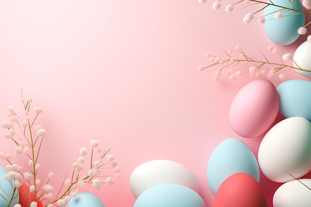 Photo easter holiday background with eggs and flowers easter template mockup with copy space for text