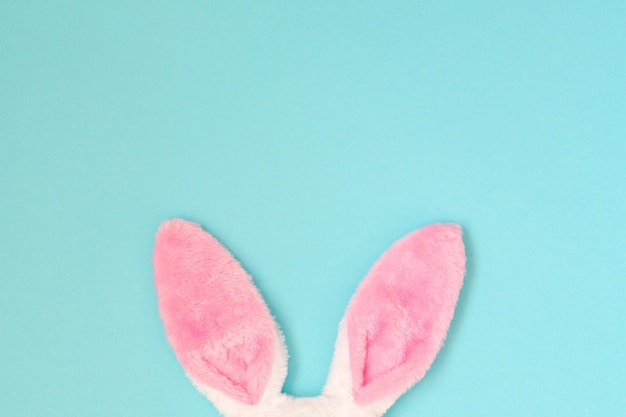 Easter holiday background with pink bunny ears. Top view