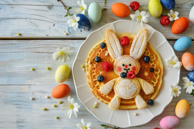 Easter holiday children39s breakfast pancake in the shape of an Easter bunny with berries