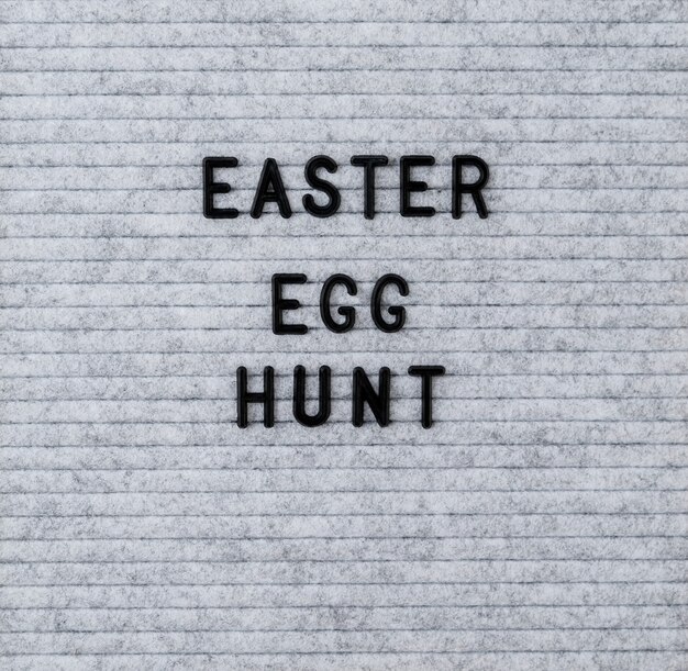 Easter holiday concept. The words Easter Egg Hunt on the grey felt letter board