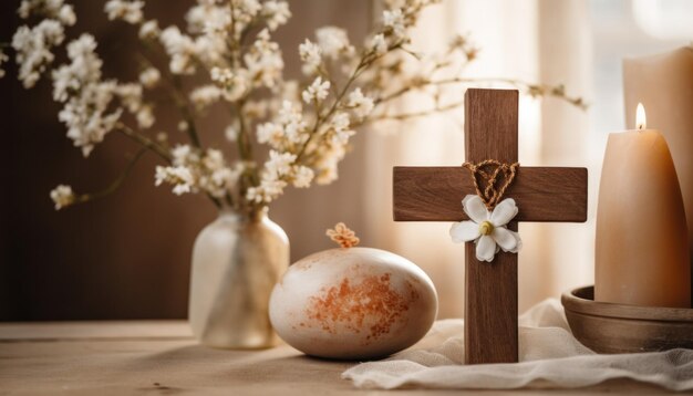 Фото Пасхальный праздничный крест на столе с яйцами
