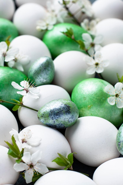 Easter holiday eggs and white cherry blossoms white and green\
colored chicken and quail eggs concept photo