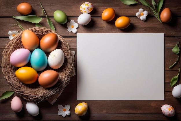 Макет поздравительной открытки к Пасхе с цветами и крашеными яйцами на деревенском деревянном фоне