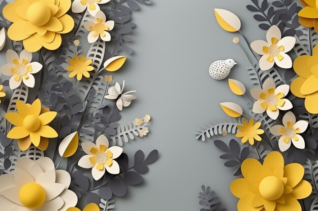 Easter holiday greeting card paper cut flowers yellow and grey colors with d eggs holiday background