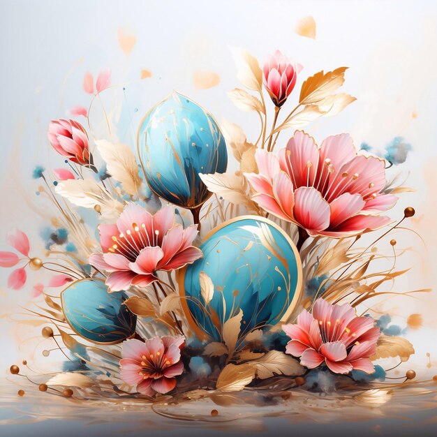 Easter holiday greeting card template painting in white pink gold and turquoise with oil texture