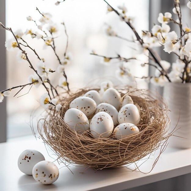 Пасхальная декорация дома с пасхальными яйцами в гнезде и цветами