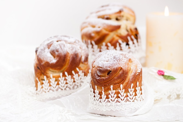 Easter homemade cake kraffin with powdered sugar.