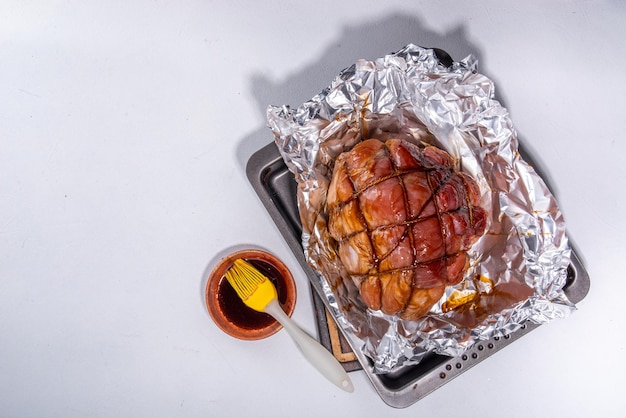 Easter homemade glazed ham preparation