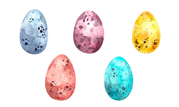 Easter illustration set with watercolor Easter colored eggs isolated elements on a white background