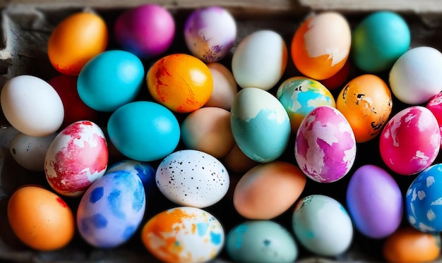 Photo easter is the oldest christian holiday there are many colored eggs in the box for easter created ai