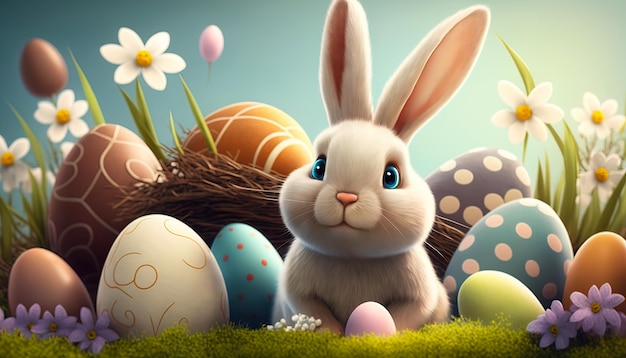 Easter Joy Bunny with Colorful Easter Eggs on Seasonal Background ai generated