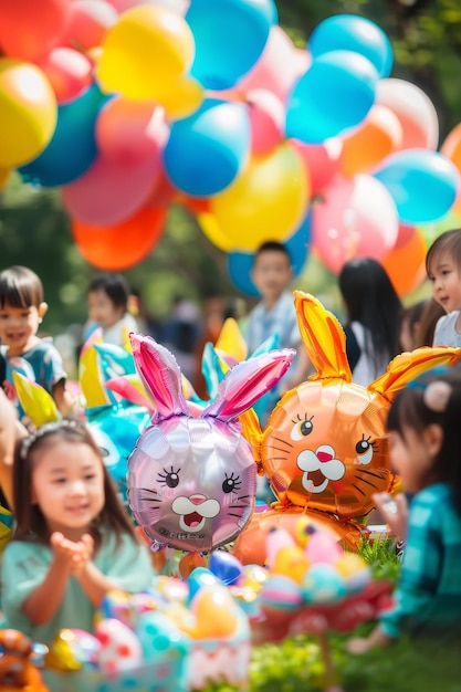 Easter Joy Unleashed Children and Adults Delighted by Floating BunnyShaped Balloons at a Party