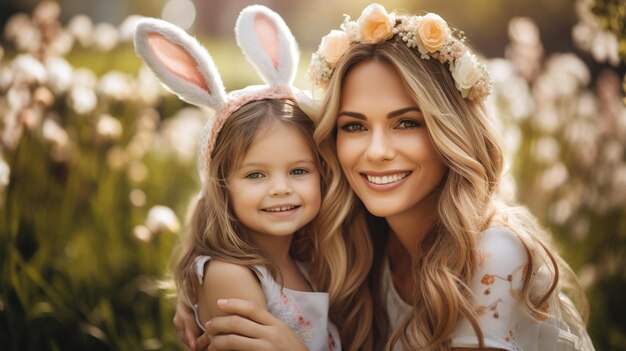 Easter Joy with Woman and Girl in Bunny Ears and Pastel Decor