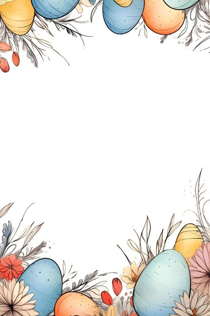 Easter line art banner with colorful eggs grass and flowers with empty copy space