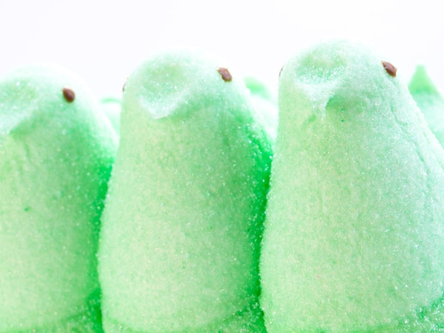 Easter marshmallow chicks in a row.