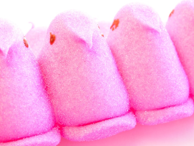 Easter marshmallow chicks in a row.