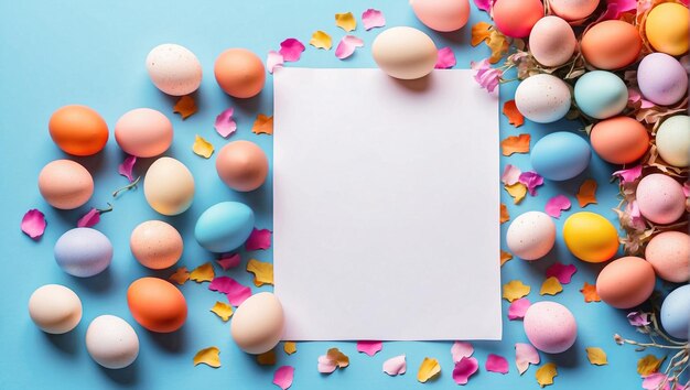 Easter Monday celebration Colorful eggs surrounding a blank sheet on a light blue background