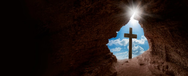 Photo easter morning golgotha hill with silhouettes of the cross resurrection background with sunlight abstract background with copy space for text