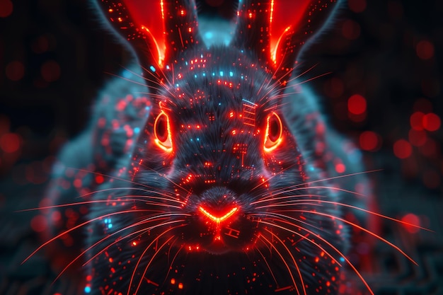 An Easter neon bunny with computer board ears glowing in a futuristic style