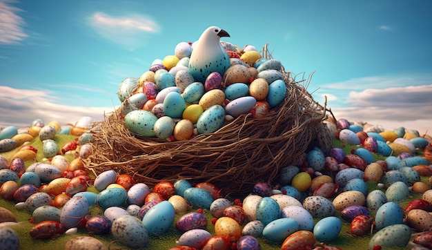 an easter nest covered in many colorful eggs in the style of beeple