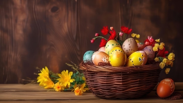 Easter painted colorful eggs with leaves and flowers Generative AI