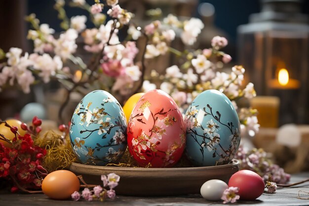 Foto uova di pasqua dipinte sullo sfondo di un fiore