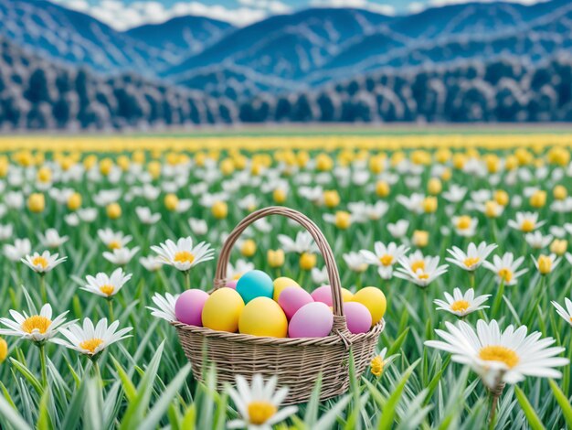 Easter painted eggs in a basket on the grass against the background of the mountains