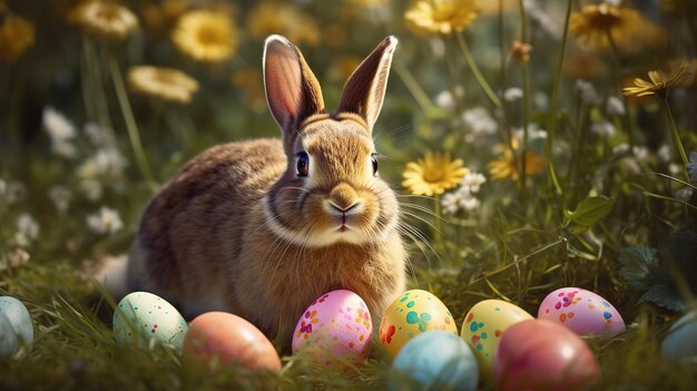 Easter Painted Eggs In A Basket On The Grass On A Sunny Spring Background with a rabbitGenerative AI