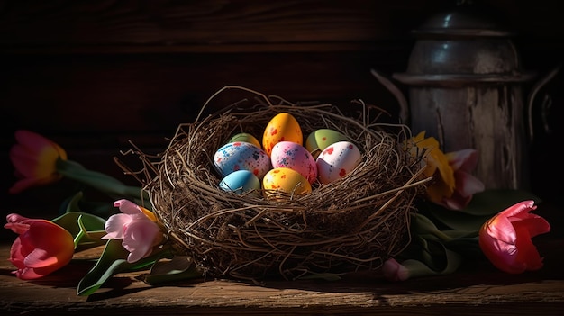 Easter Painted Eggs In A Basket On The Grass On A Sunny Spring Background with a rabbitGenerative AI