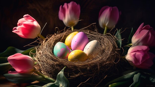 Easter Painted Eggs In Basket On Grass With Sunny Spring BackgroundGenerative AI