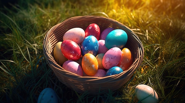 イースターは、日当たりの良い春の背景を持つ草の上のバスケットに卵を描いた生成 AI