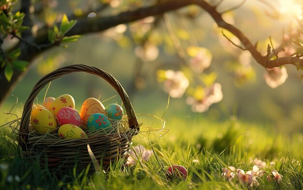 Easter Painted Eggs In Basket On Grass