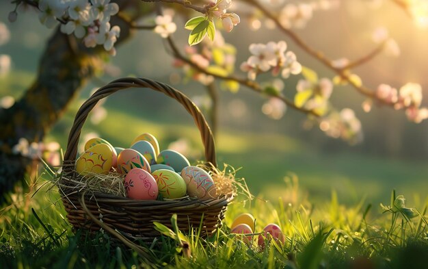 Easter Painted Eggs In Basket On Grass