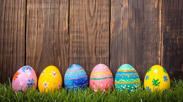 Photo easter painted eggs on grass wooden fence background