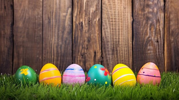 Easter painted eggs on grass wooden fence background