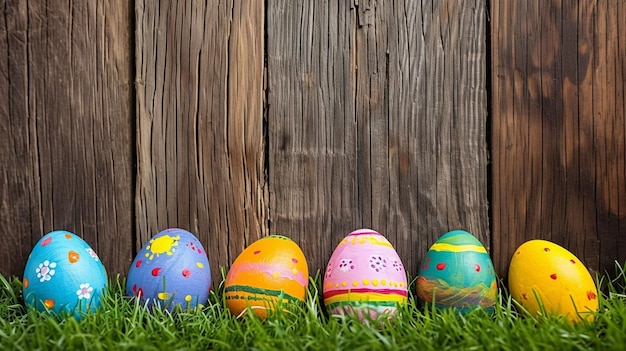 Photo easter painted eggs on grass wooden fence background