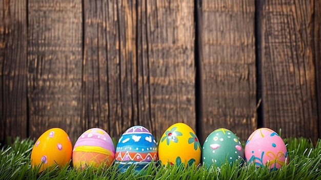 Easter painted eggs on grass wooden fence background