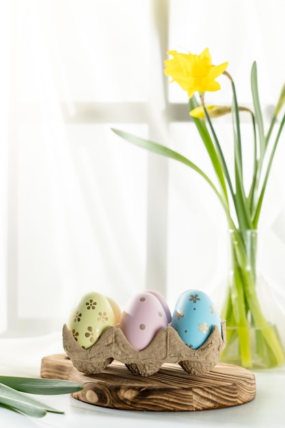 easter painted eggs on the table holiday symbol